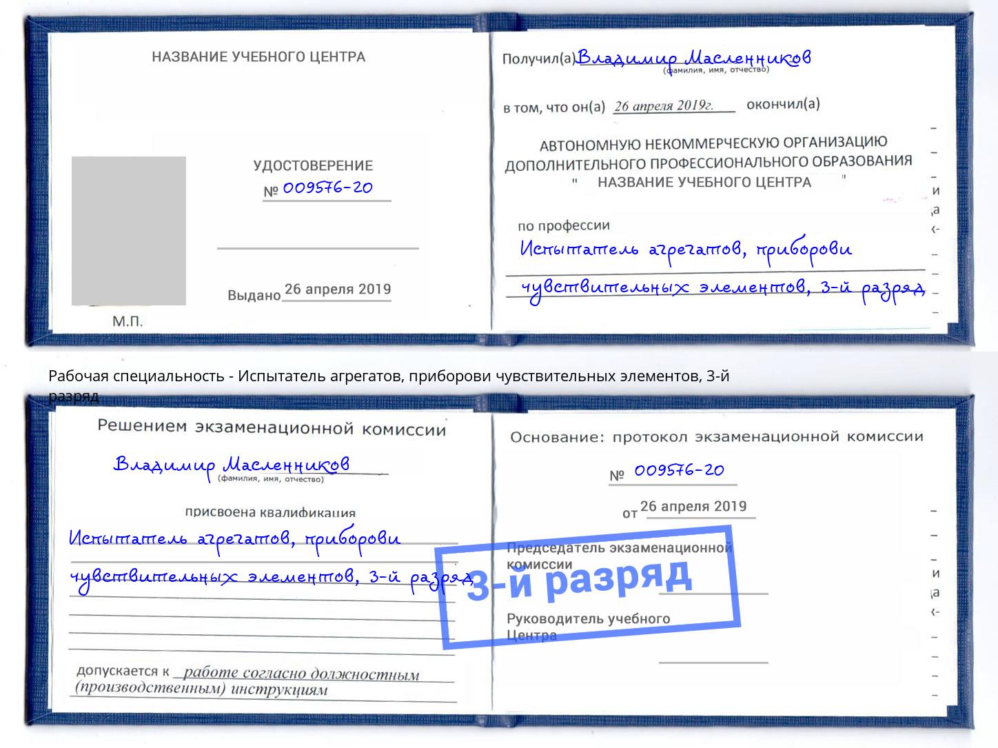 корочка 3-й разряд Испытатель агрегатов, приборови чувствительных элементов Шали