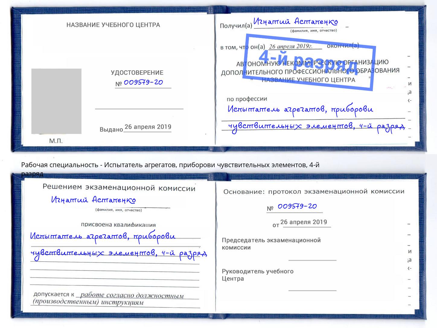 корочка 4-й разряд Испытатель агрегатов, приборови чувствительных элементов Шали