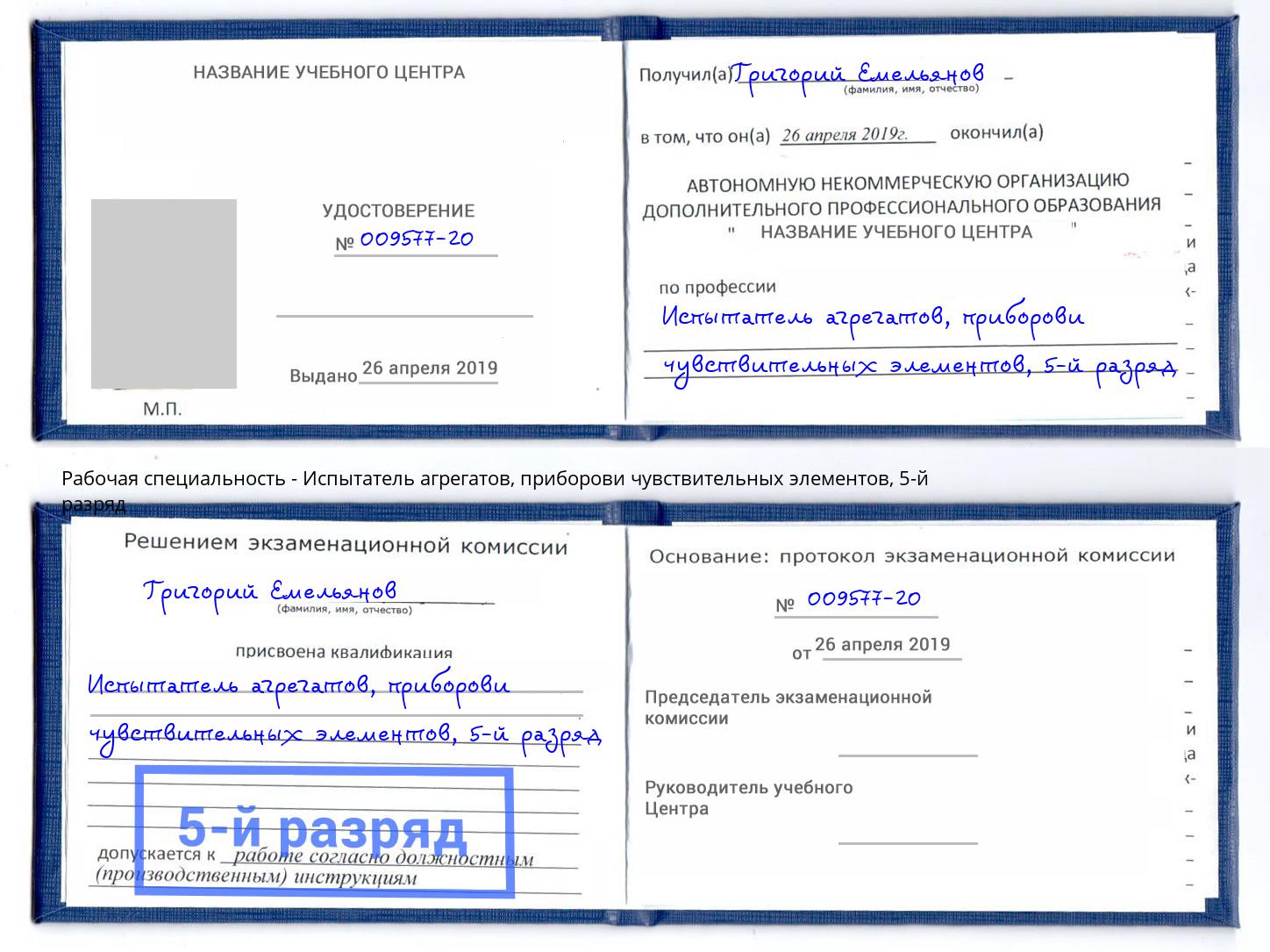 корочка 5-й разряд Испытатель агрегатов, приборови чувствительных элементов Шали