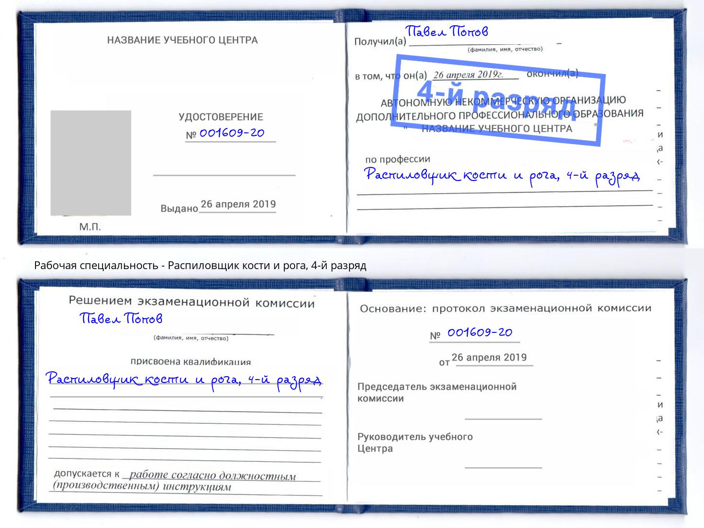 корочка 4-й разряд Распиловщик кости и рога Шали