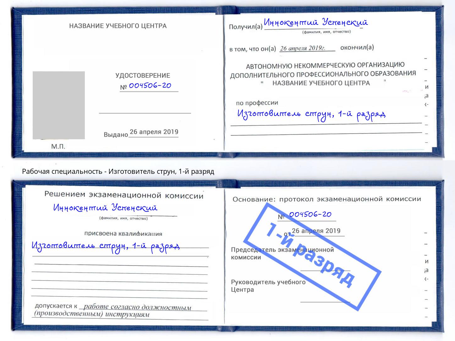 корочка 1-й разряд Изготовитель струн Шали