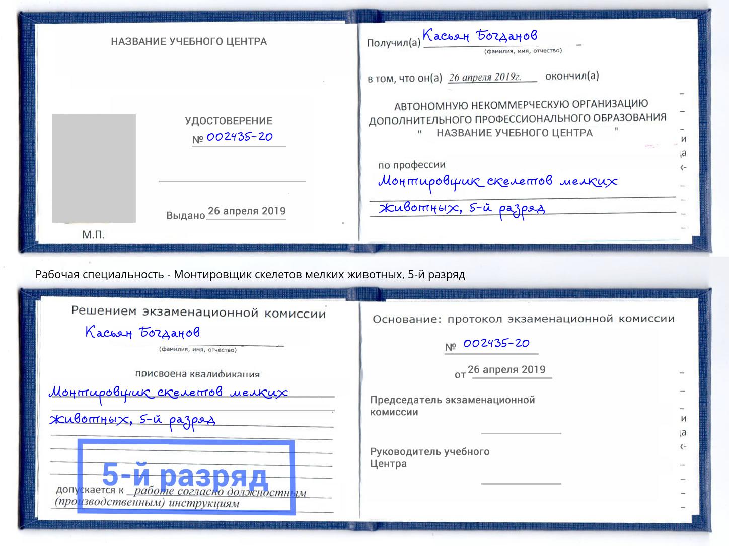 корочка 5-й разряд Монтировщик скелетов мелких животных Шали