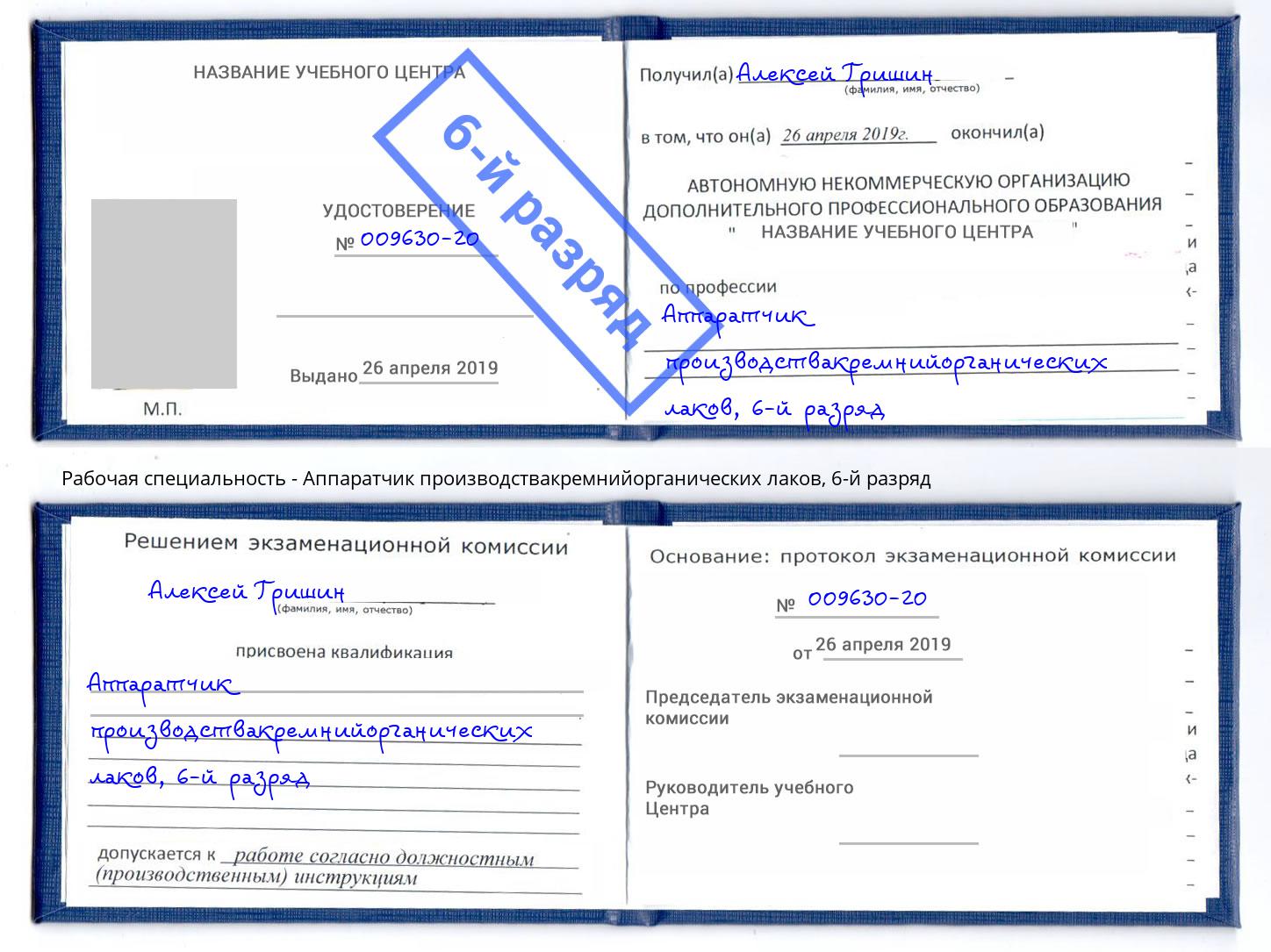 корочка 6-й разряд Аппаратчик производствакремнийорганических лаков Шали