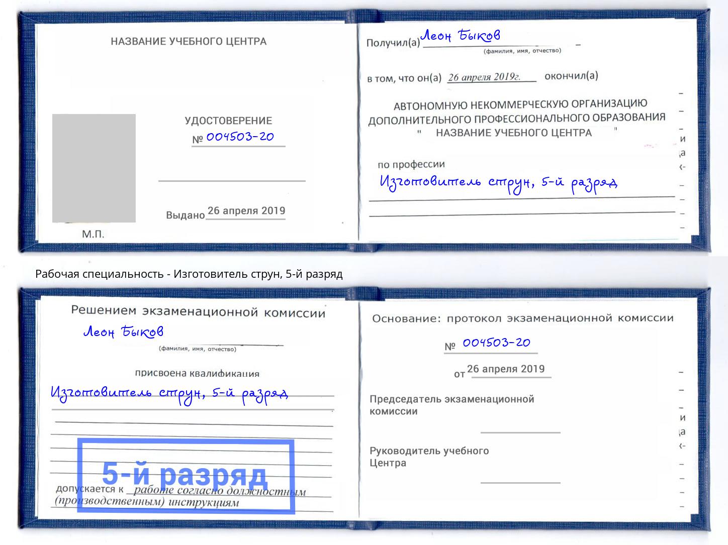 корочка 5-й разряд Изготовитель струн Шали