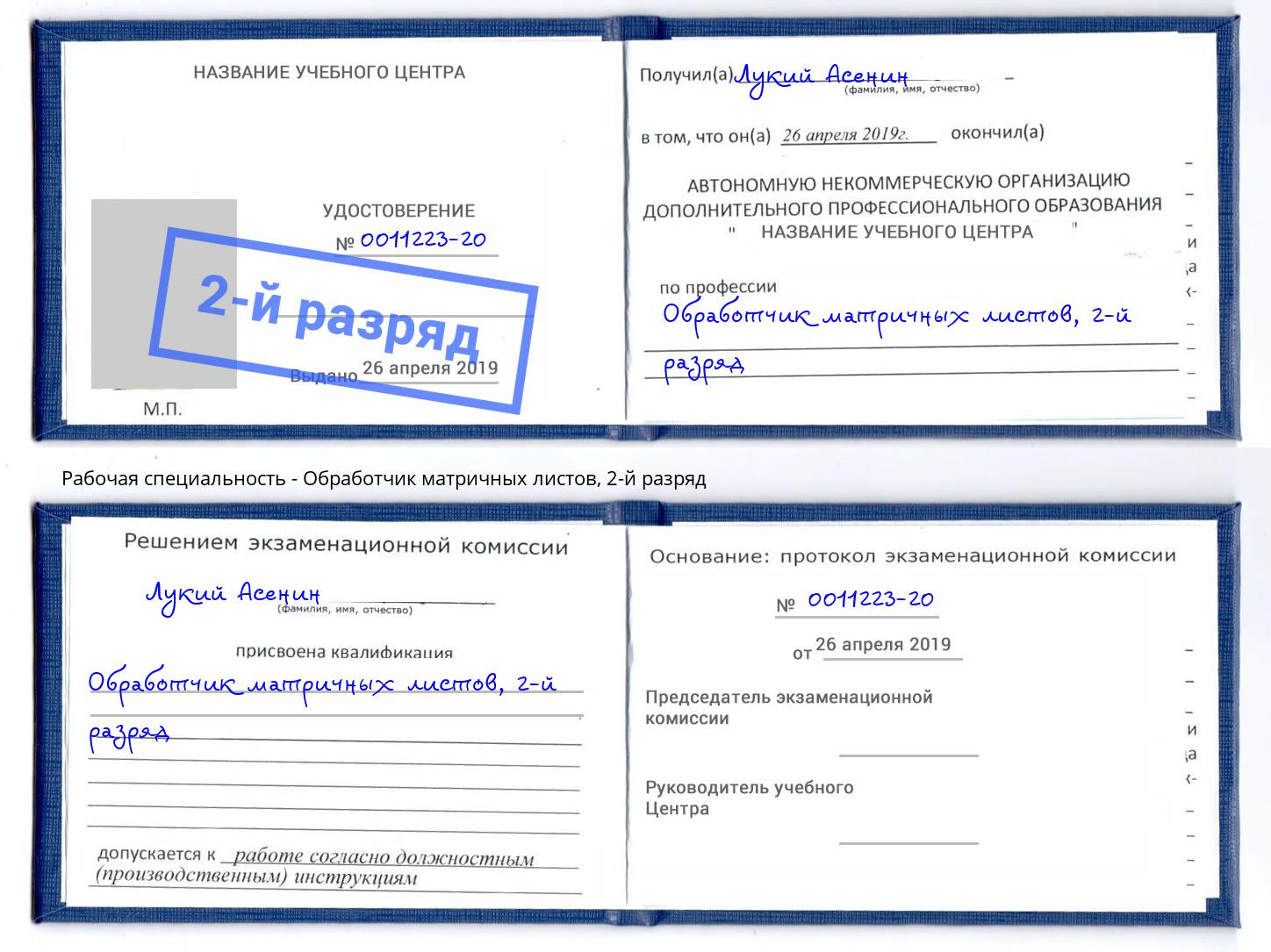 корочка 2-й разряд Обработчик матричных листов Шали