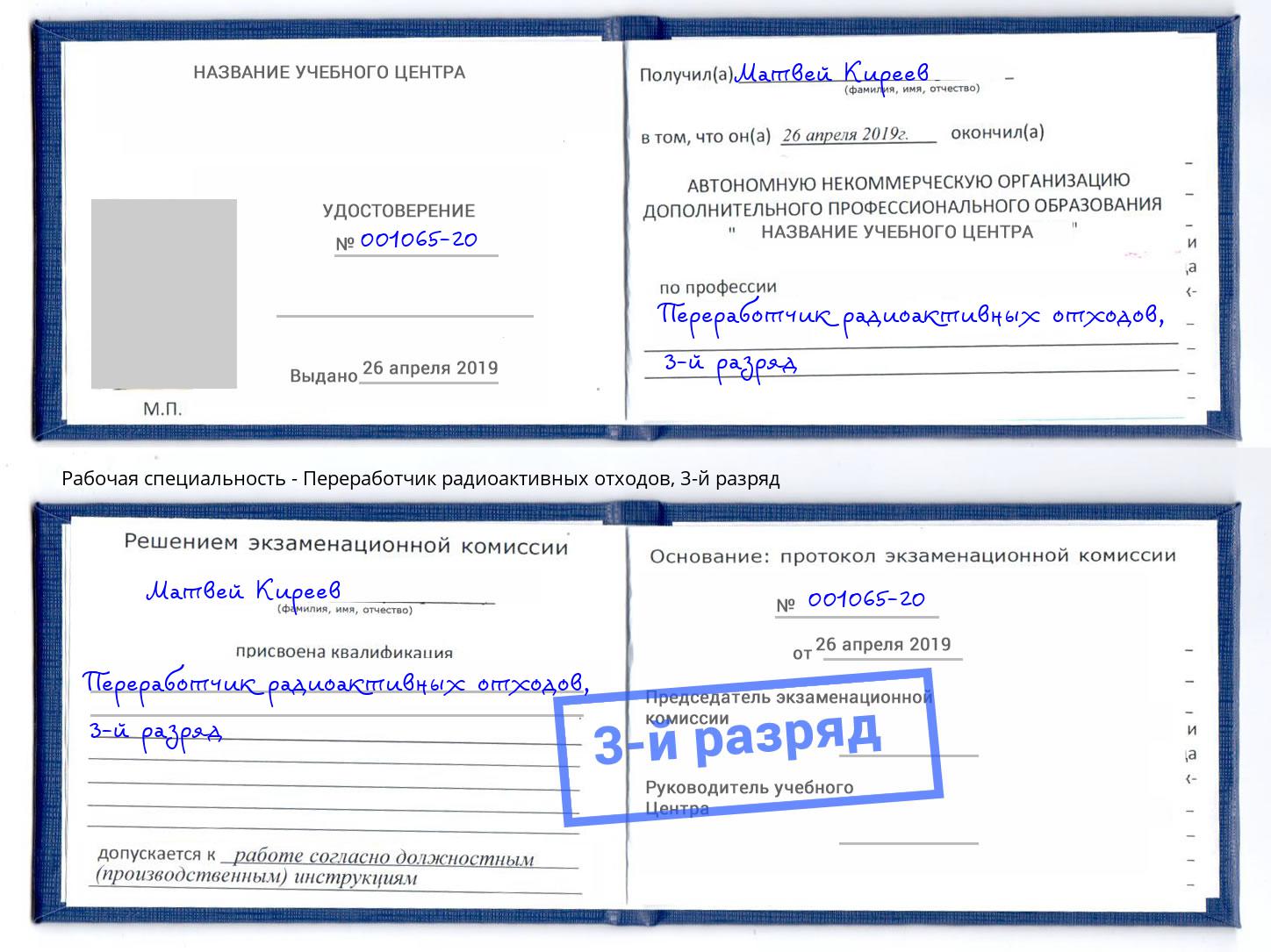 корочка 3-й разряд Переработчик радиоактивных отходов Шали